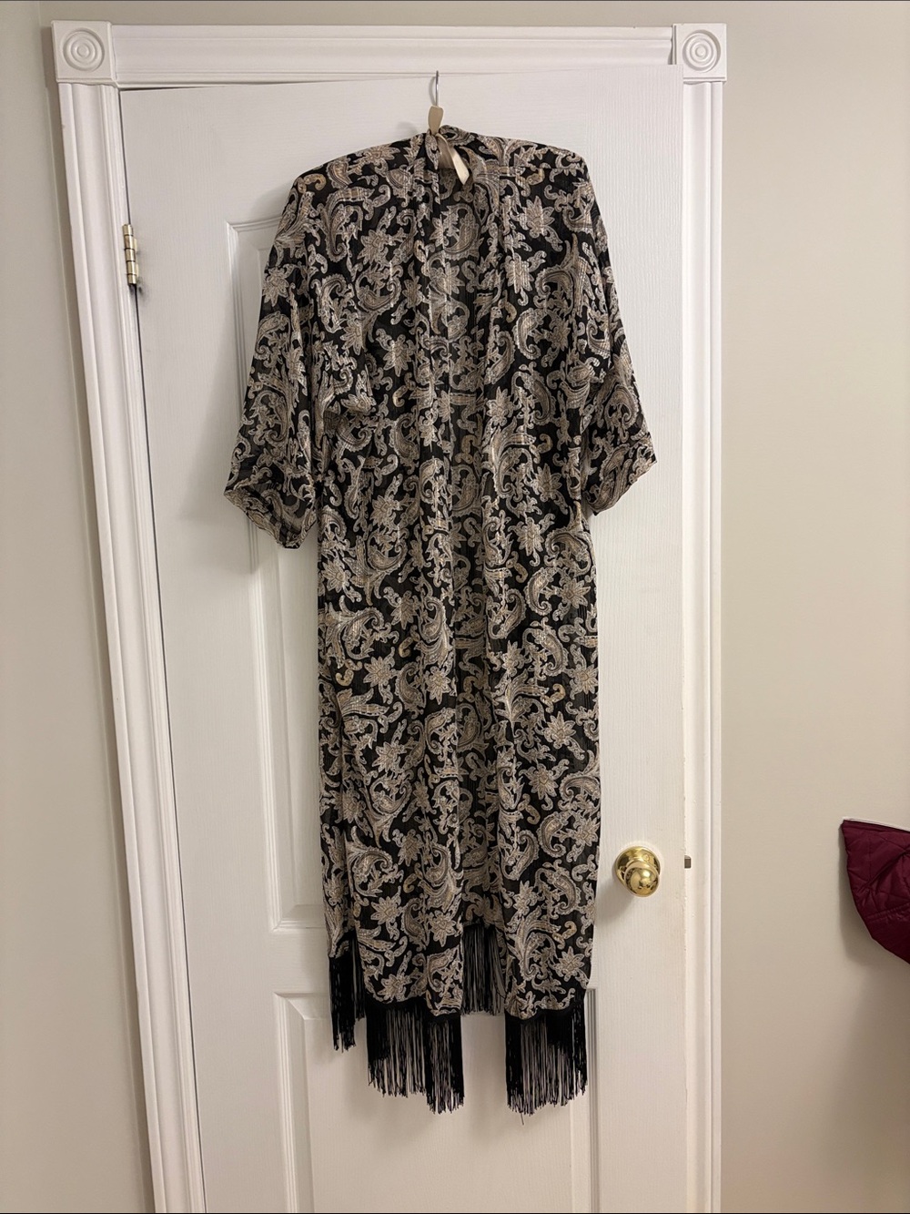 Black and Beige Paisley Fringe Kimono - Women Other